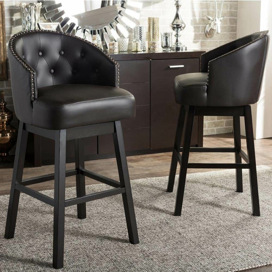 Bar Furniture * | Avril Brown Faux Leather Upholstered 2-Piece Bar Stool Set By Baxton Studio