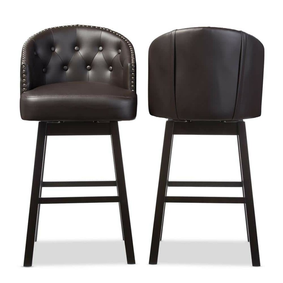 Bar Furniture * | Avril Brown Faux Leather Upholstered 2-Piece Bar Stool Set By Baxton Studio