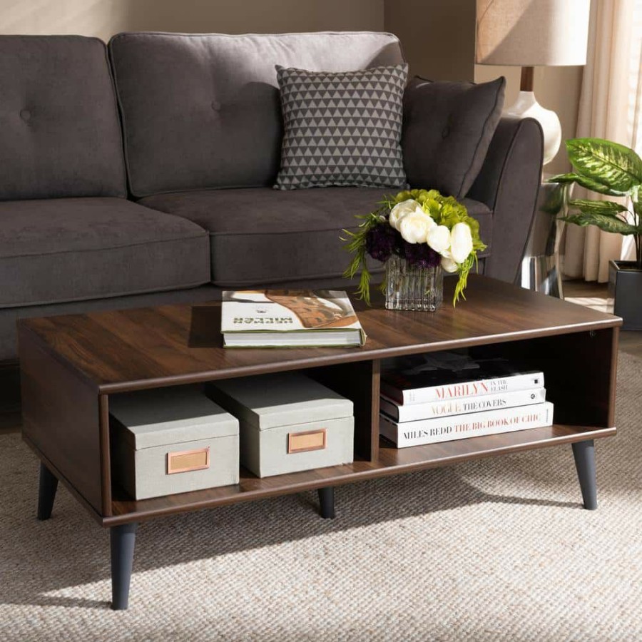 Living Room Furniture * | Pierre 40 In. Walnut/Dark Gray Medium Rectangle Wood Coffee Table With Shelf By Baxton Studio