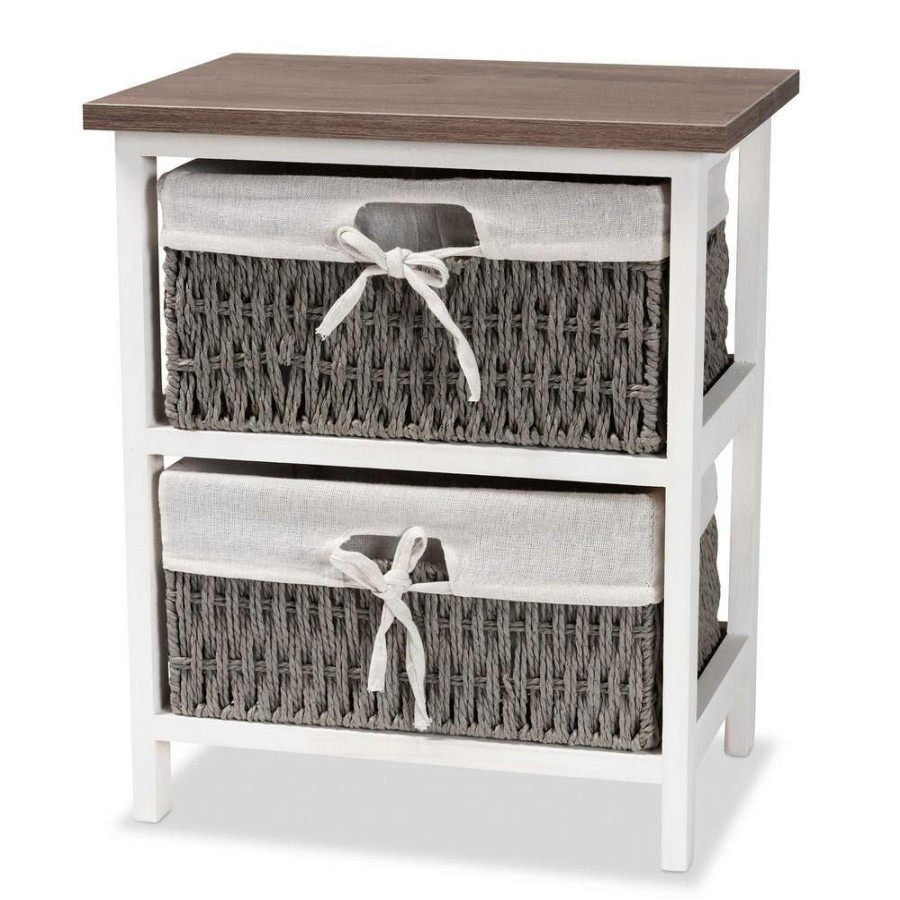 Bar Furniture * | Terena Grey And Walnut Brown And White Storage Cabinet With 2-Baskets By Baxton Studio