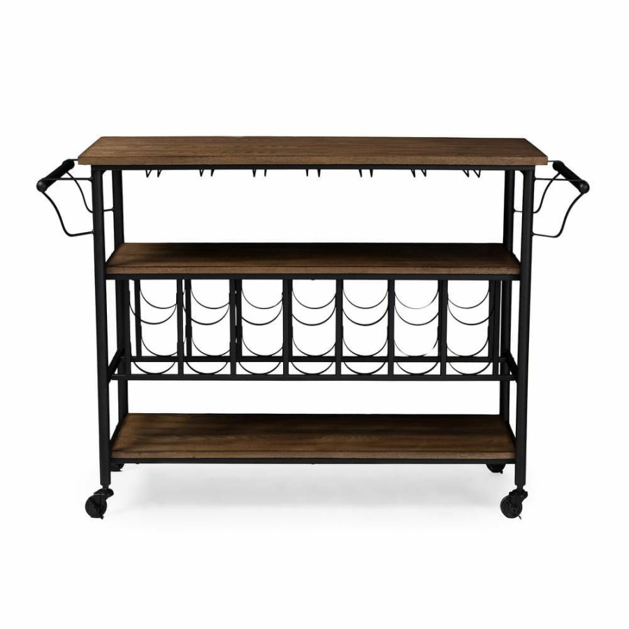 Bar Furniture * | Bradford Black And Medium Brown Wine Cart With Wine Glass Storage By Baxton Studio