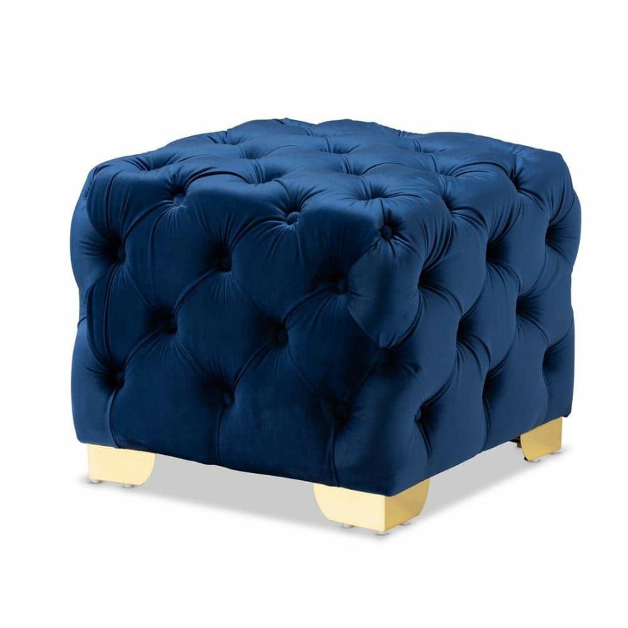 Living Room Furniture * | Avara Royal Blue And Gold Ottoman By Baxton Studio