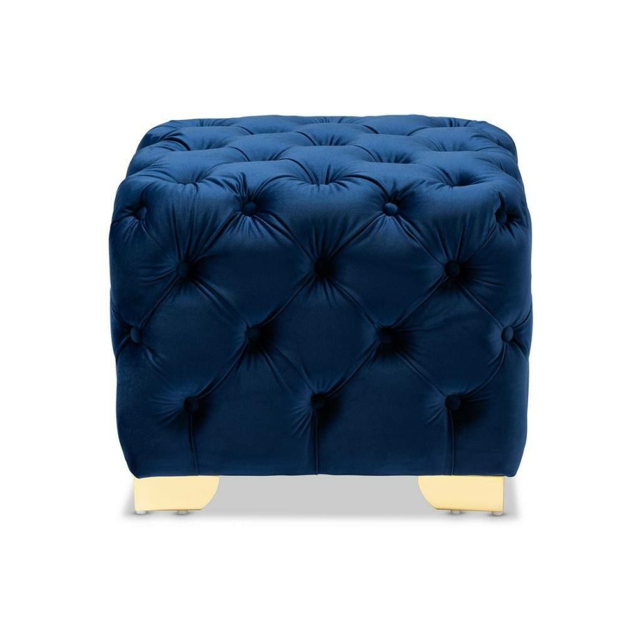 Living Room Furniture * | Avara Royal Blue And Gold Ottoman By Baxton Studio