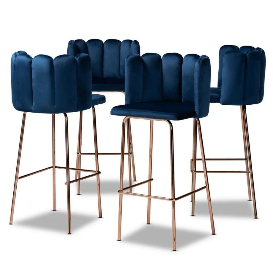 Bar Furniture * | Kaelin 30.7 In. Navy Blue And Rose Gold Bar Stool (Set Of 4) By Baxton Studio