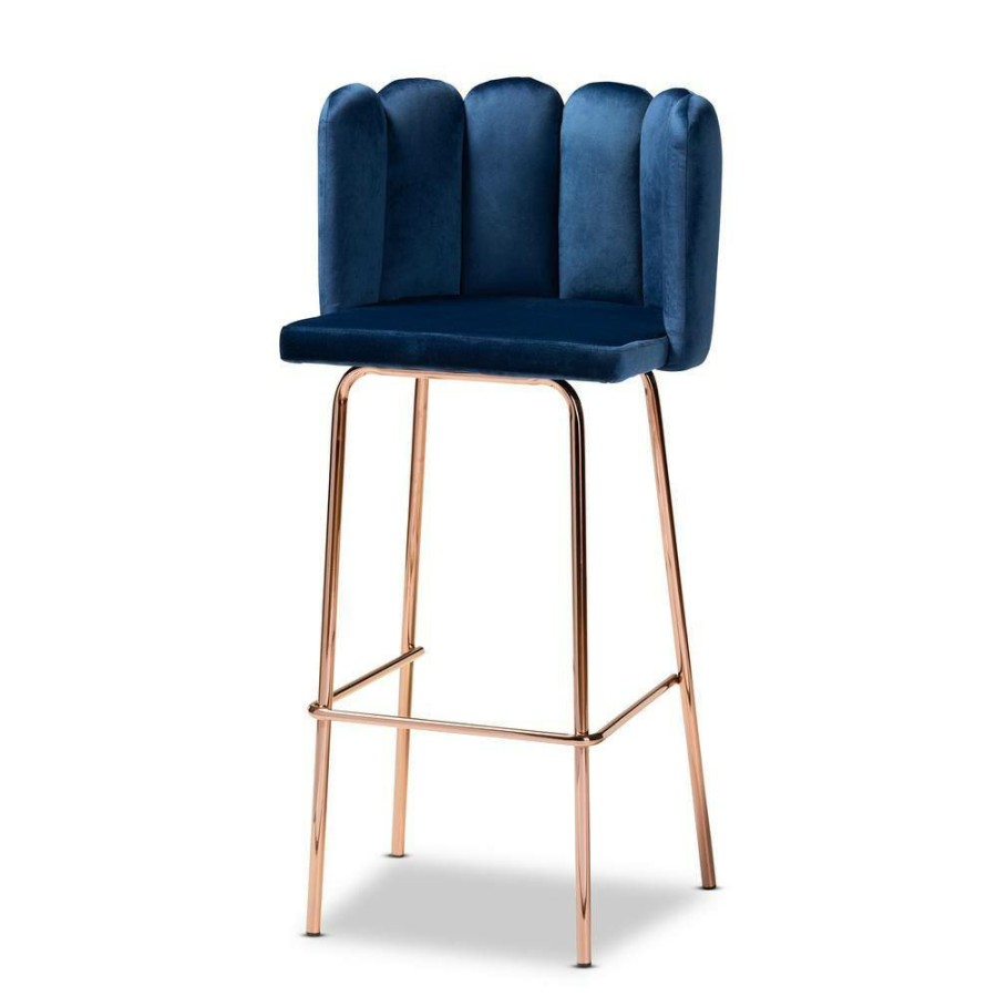 Bar Furniture * | Kaelin 30.7 In. Navy Blue And Rose Gold Bar Stool (Set Of 4) By Baxton Studio