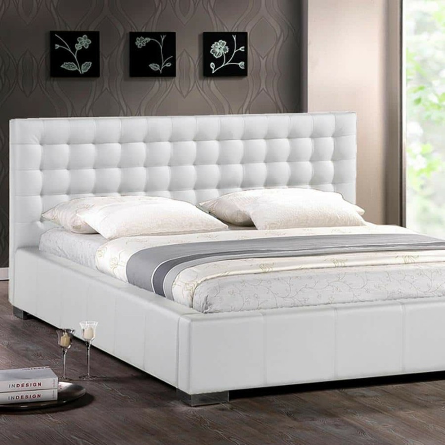 Bedroom Furniture * | Madison Transitional White Faux Leather Upholstered King Size Bed By Baxton Studio