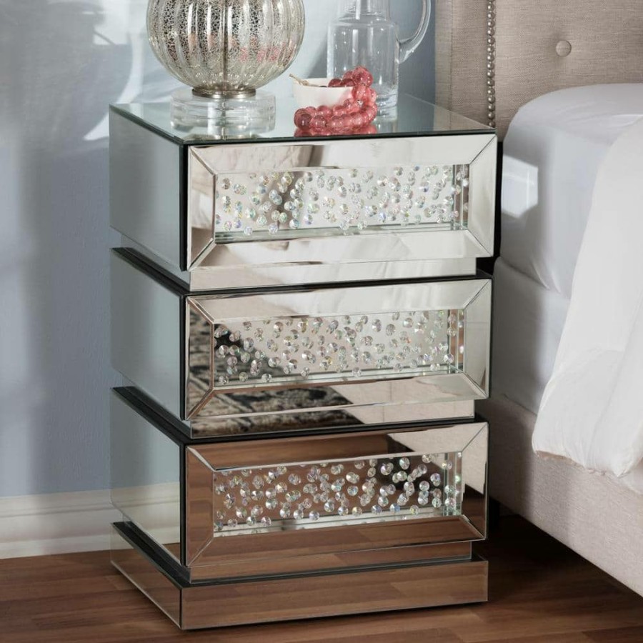 Bedroom Furniture * | Sabrina 3-Drawer Silver Metallic Nightstand By Baxton Studio