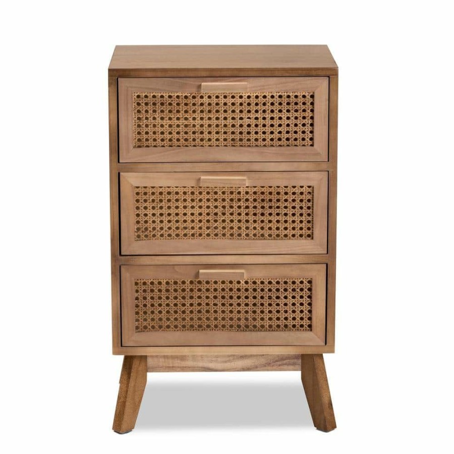 Bedroom Furniture * | Baden 3-Drawer Natural Brown And Walnut Brown Nightstand (26 In. H X 15.7 In. W X 11.8 In. D) By Baxton Studio