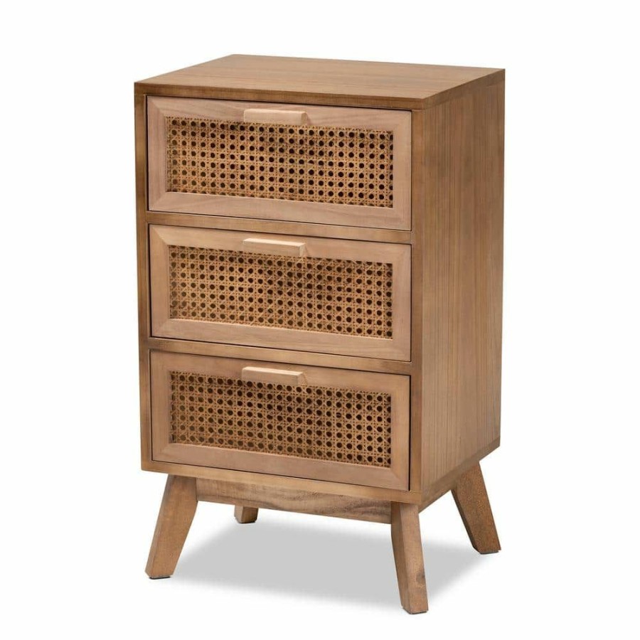 Bedroom Furniture * | Baden 3-Drawer Natural Brown And Walnut Brown Nightstand (26 In. H X 15.7 In. W X 11.8 In. D) By Baxton Studio