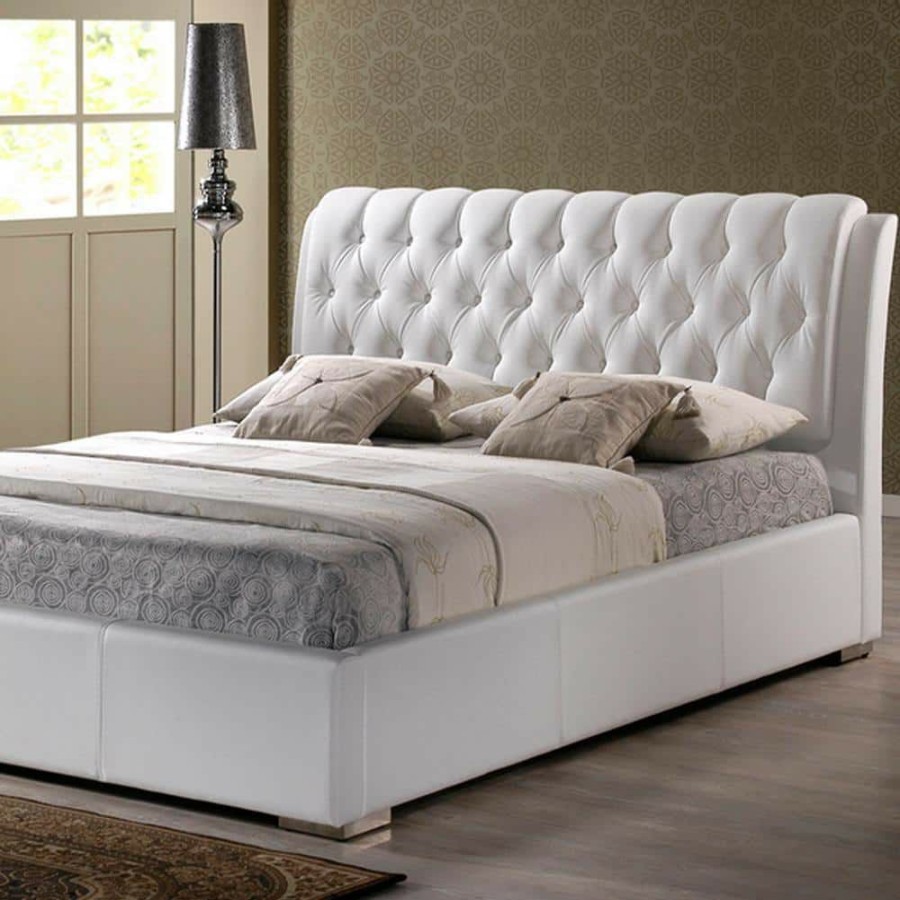 Bedroom Furniture * | Bianca Transitional White Faux Leather Upholstered Queen Size Bed By Baxton Studio