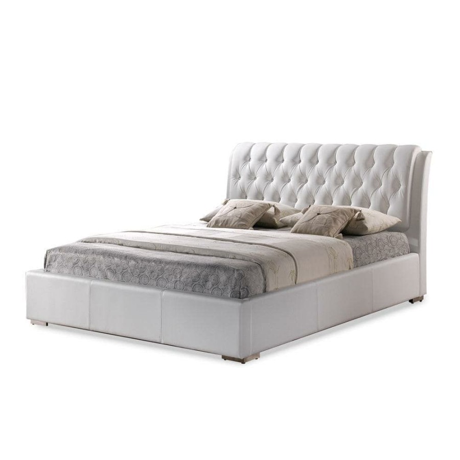 Bedroom Furniture * | Bianca Transitional White Faux Leather Upholstered Queen Size Bed By Baxton Studio