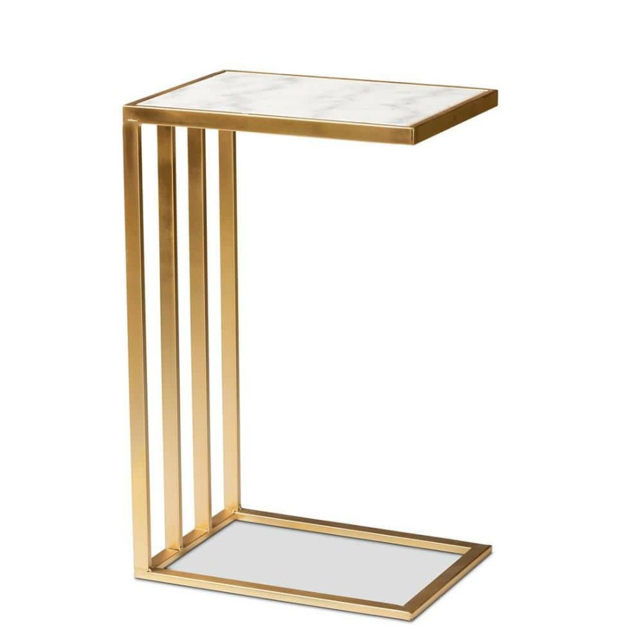 Living Room Furniture * | Parkin 14.2 In. White And Gold C Table Marble Top End Table By Baxton Studio