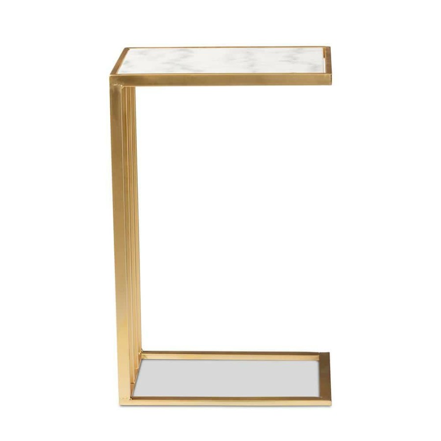 Living Room Furniture * | Parkin 14.2 In. White And Gold C Table Marble Top End Table By Baxton Studio