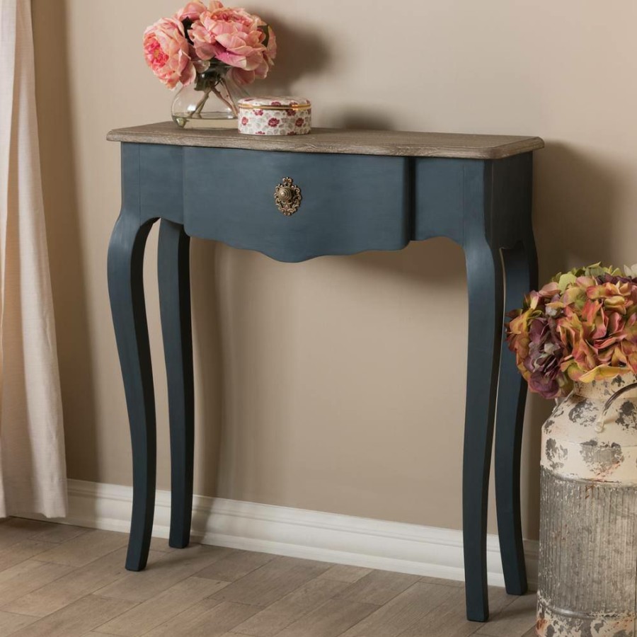 Living Room Furniture * | Mazarine 30 In. Blue Standard Rectangle Wood Console Table With Drawers By Baxton Studio