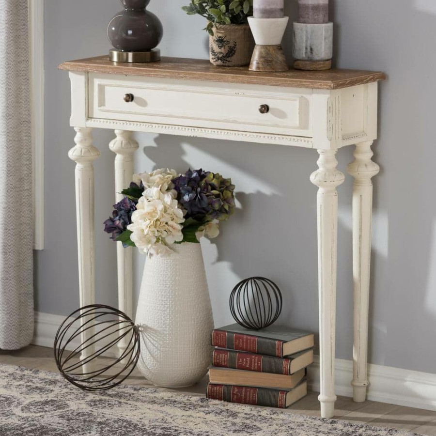 Entryway Furniture * | Marquetterie 10 In. White/Natural Standard Rectangle Wood Console Table With Drawers By Baxton Studio