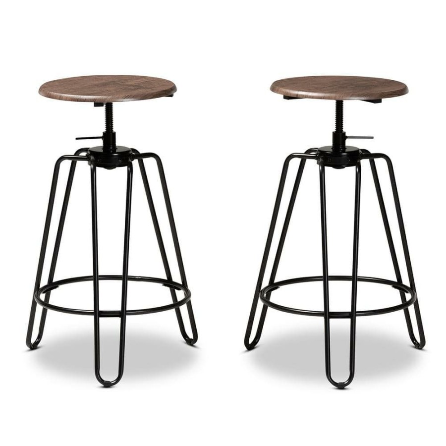 Bar Furniture * | Veera 29.5 In. Walnut And Black Adjustable Swivel Bar Stool (Set Of 2) By Baxton Studio