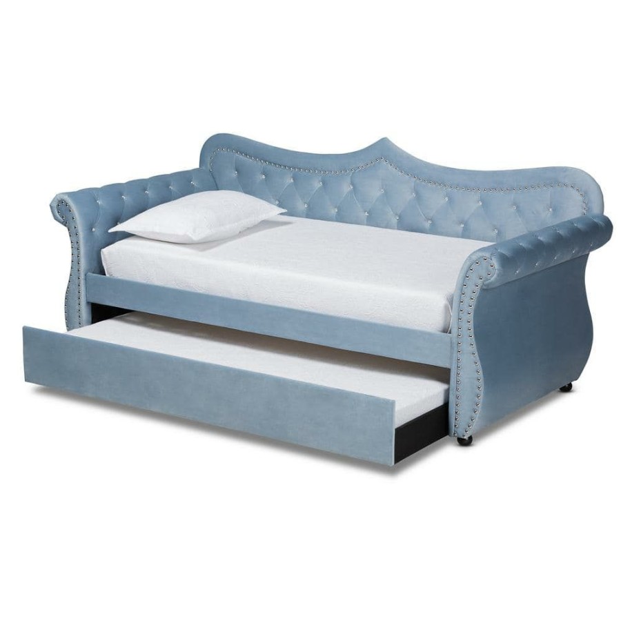 Bedroom Furniture * | Abbie Light Blue Twin Daybed With Trundle By Baxton Studio