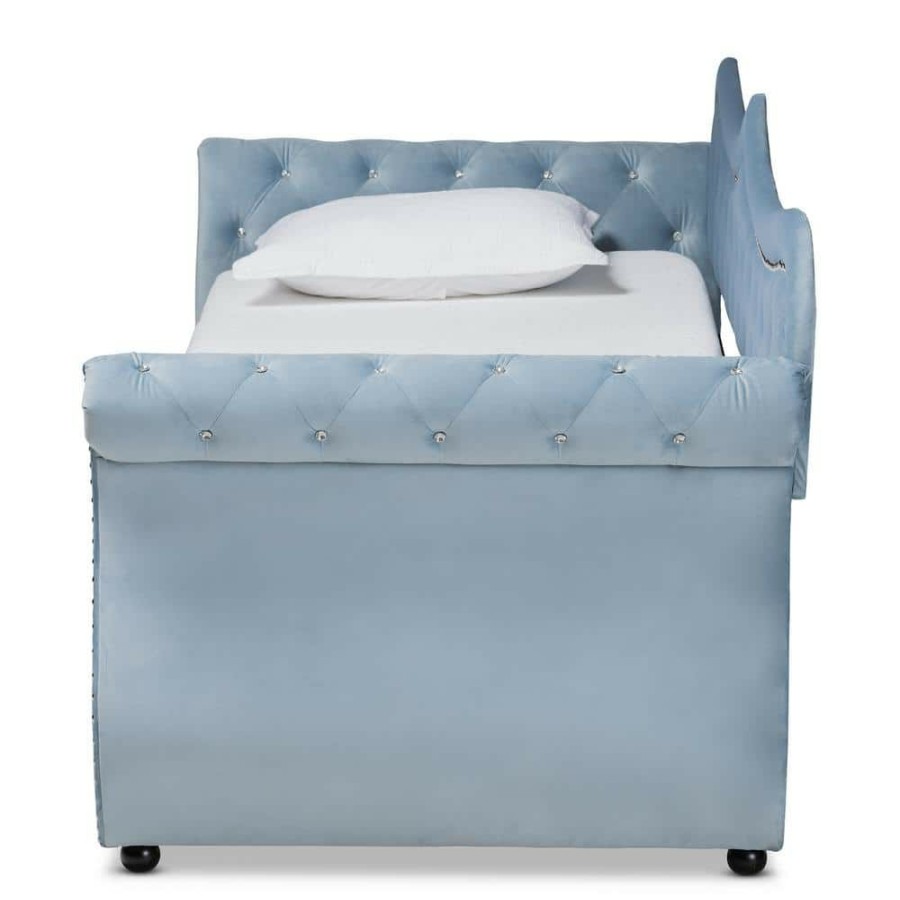 Bedroom Furniture * | Abbie Light Blue Twin Daybed With Trundle By Baxton Studio