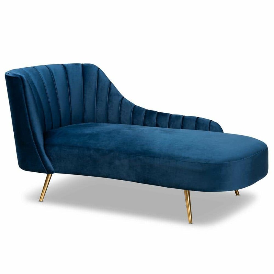 Living Room Furniture * | Kailyn Navy Blue And Gold Chaise By Baxton Studio