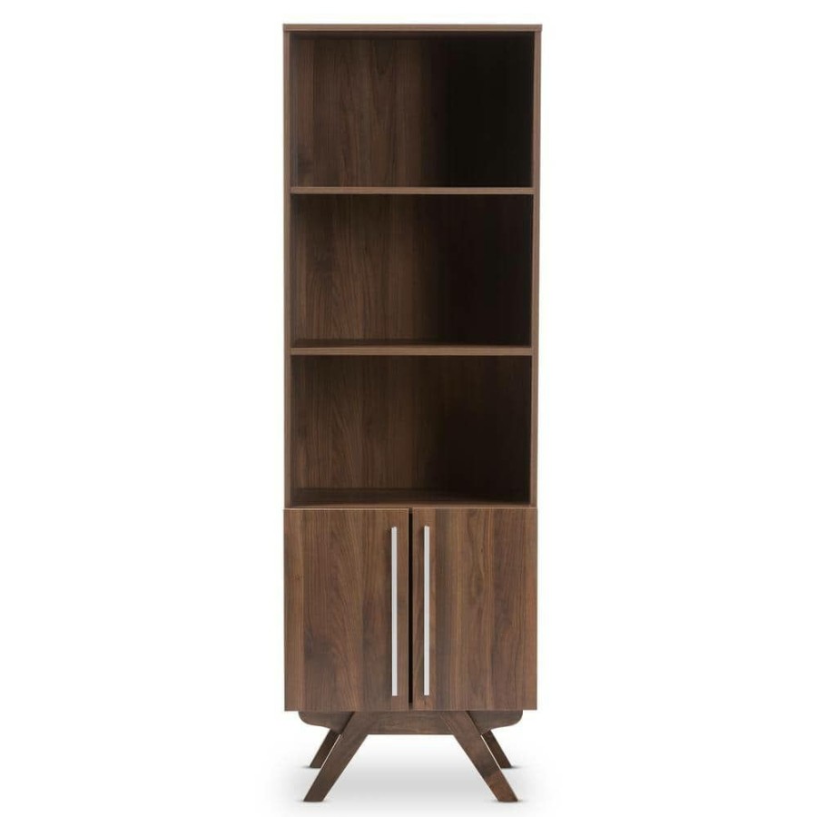 Bar Furniture * | 70.83 In. Brown Wood 3-Shelf Accent Bookcase With Doors By Baxton Studio