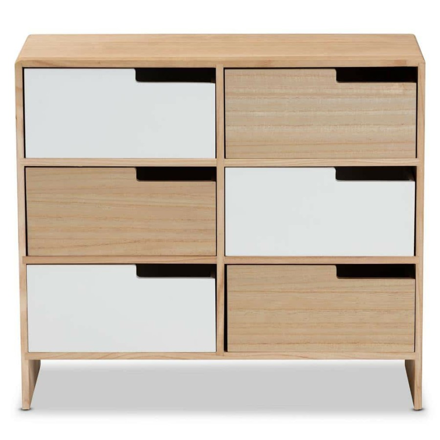 Bar Furniture * | Eben Oak Brown And White Storage Cabinet With 6-Drawers By Baxton Studio