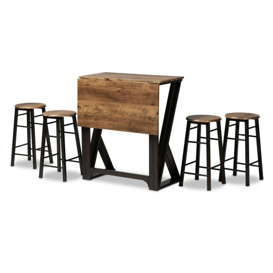 Living Room Furniture * | Richard 5-Piece Ash Walnut And Black Pub Set By Baxton Studio