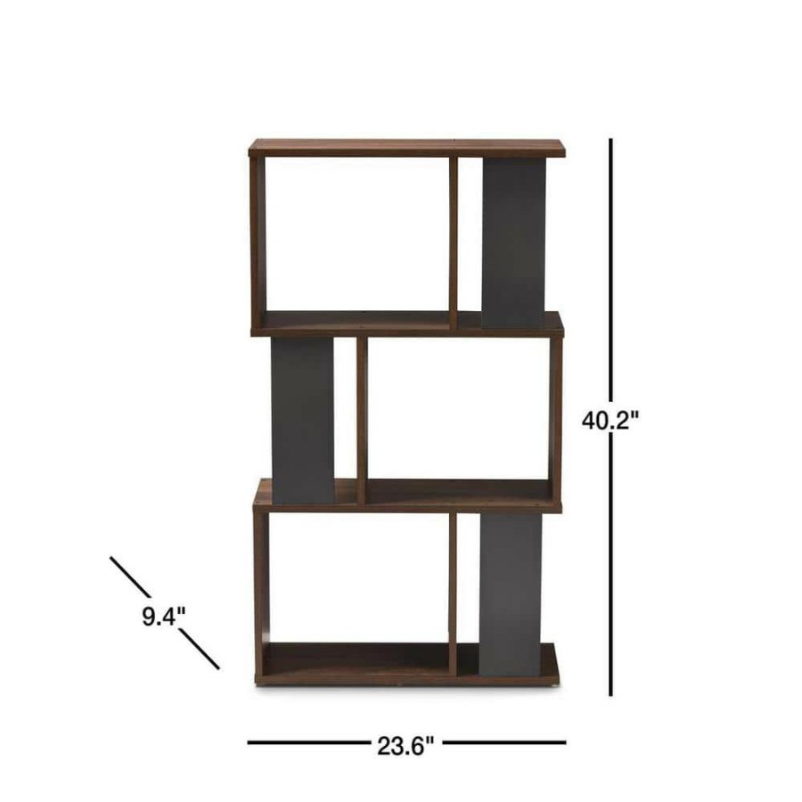 Bar Furniture * | 40.2 In. Walnut Brown/Dark Gray Wood 3-Shelf Accent Bookcase With Open Back By Baxton Studio