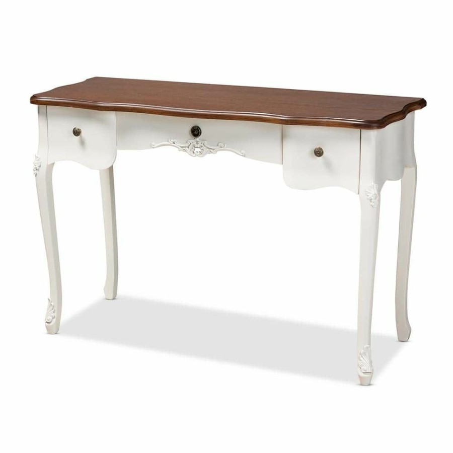 Living Room Furniture * | Sophie 48 In. White/Brown Rectangle Wood Console Table With Drawers By Baxton Studio