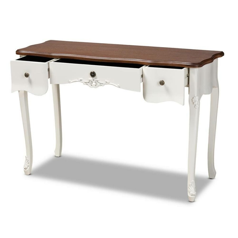 Living Room Furniture * | Sophie 48 In. White/Brown Rectangle Wood Console Table With Drawers By Baxton Studio