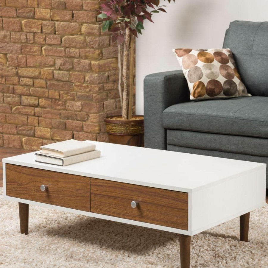 Living Room Furniture * | Adal 38 In. Walnut/White Medium Rectangle Wood Coffee Table With Drawers By Baxton Studio