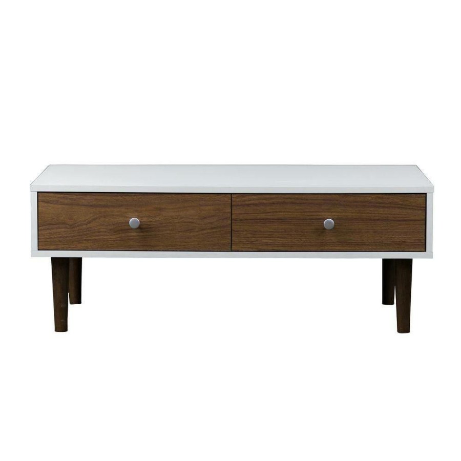 Living Room Furniture * | Adal 38 In. Walnut/White Medium Rectangle Wood Coffee Table With Drawers By Baxton Studio