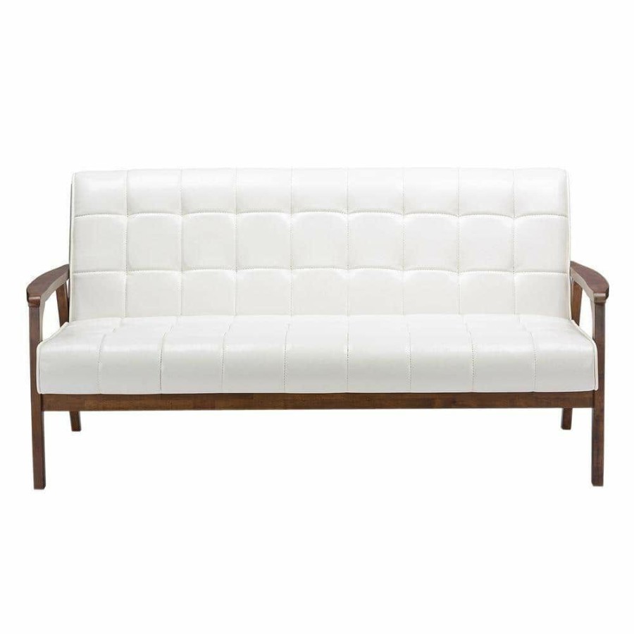 Living Room Furniture * | Masterpiece 63.8 In. White Faux Leather 4-Seater Cabriole Sofa With Wood Frame By Baxton Studio