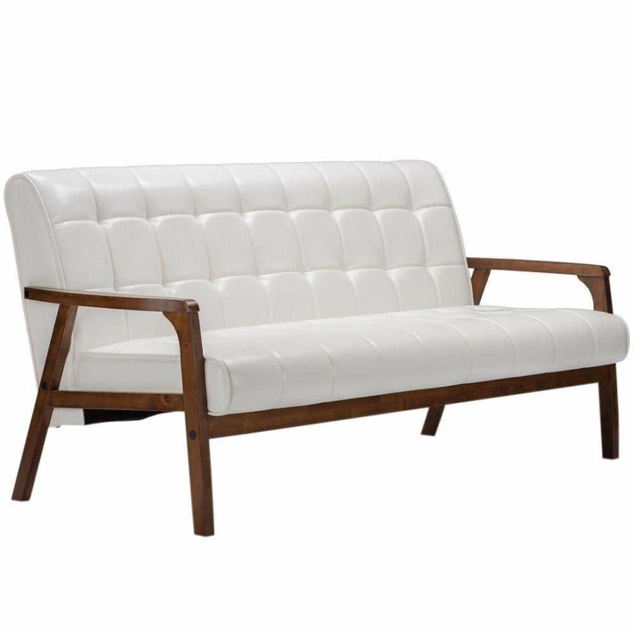 Living Room Furniture * | Masterpiece 63.8 In. White Faux Leather 4-Seater Cabriole Sofa With Wood Frame By Baxton Studio