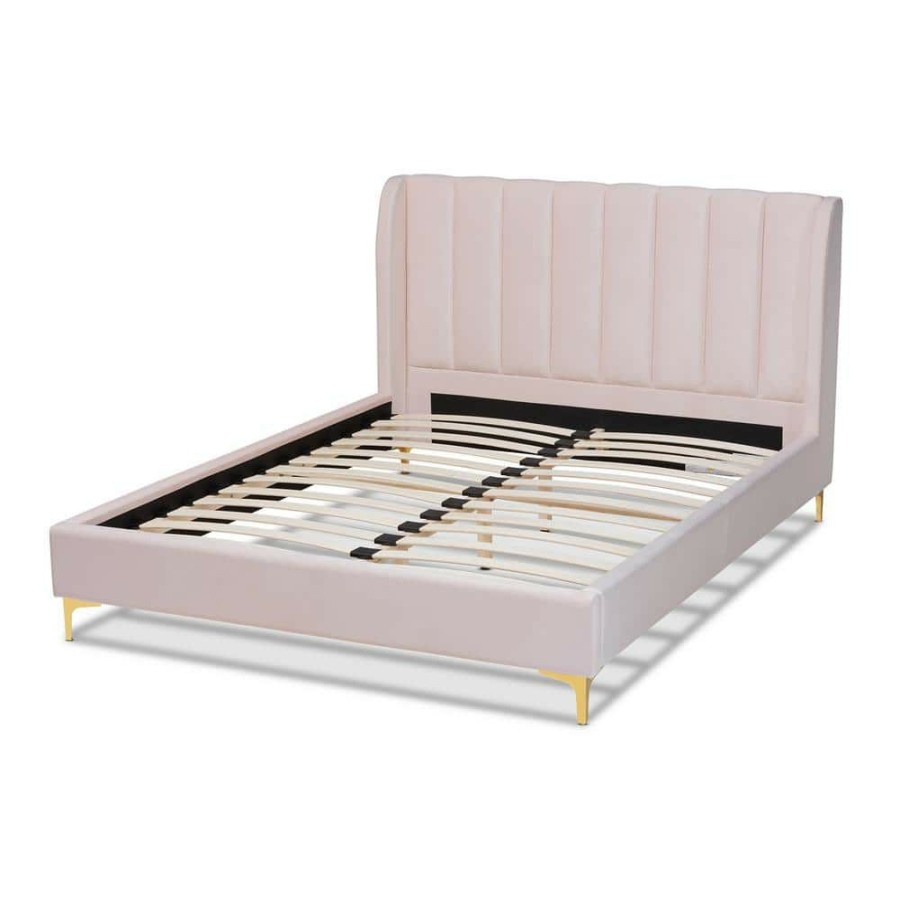 Bedroom Furniture * | Saverio Light Pink Queen Platform Bed By Baxton Studio