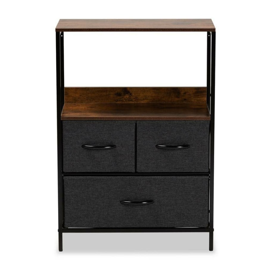 Living Room Furniture * | Hakan Grey And Walnut Brown 3-Drawer Storage Cabinet By Baxton Studio