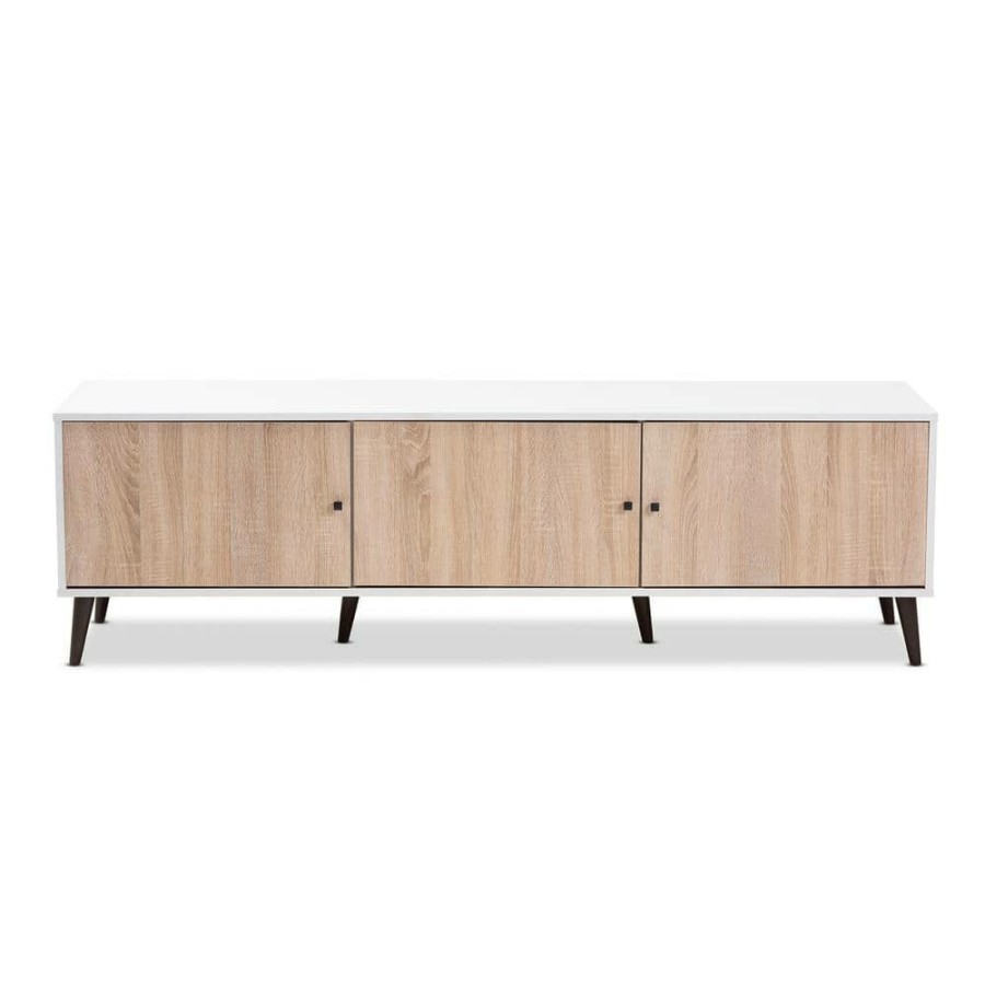 Living Room Furniture * | Bastien White And Oak Brown Tv Stand By Baxton Studio