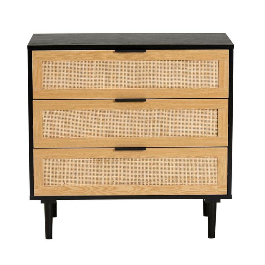 Bedroom Furniture * | Maureen 3-Drawer Espresso And Natural Brown Dresser (30 In. H X 31.6 In. W X 15.8 In. D) By Baxton Studio