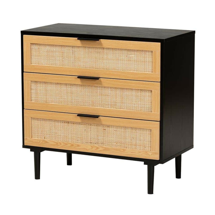 Bedroom Furniture * | Maureen 3-Drawer Espresso And Natural Brown Dresser (30 In. H X 31.6 In. W X 15.8 In. D) By Baxton Studio