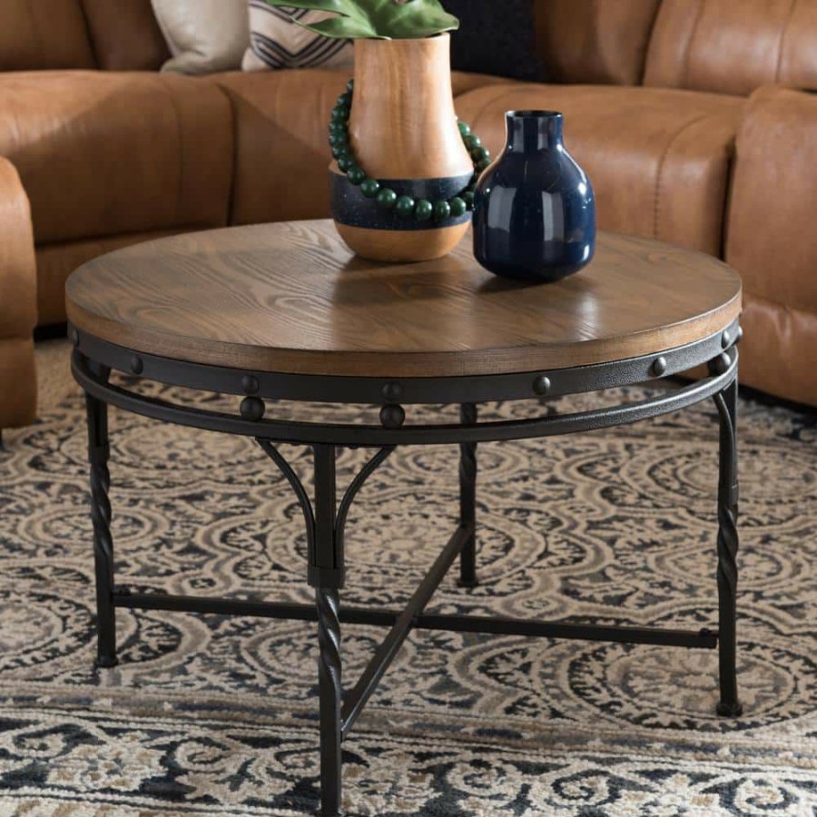 Living Room Furniture * | Austin 30 In. Round Brown And Black Mdf Top Coffee Table By Baxton Studio