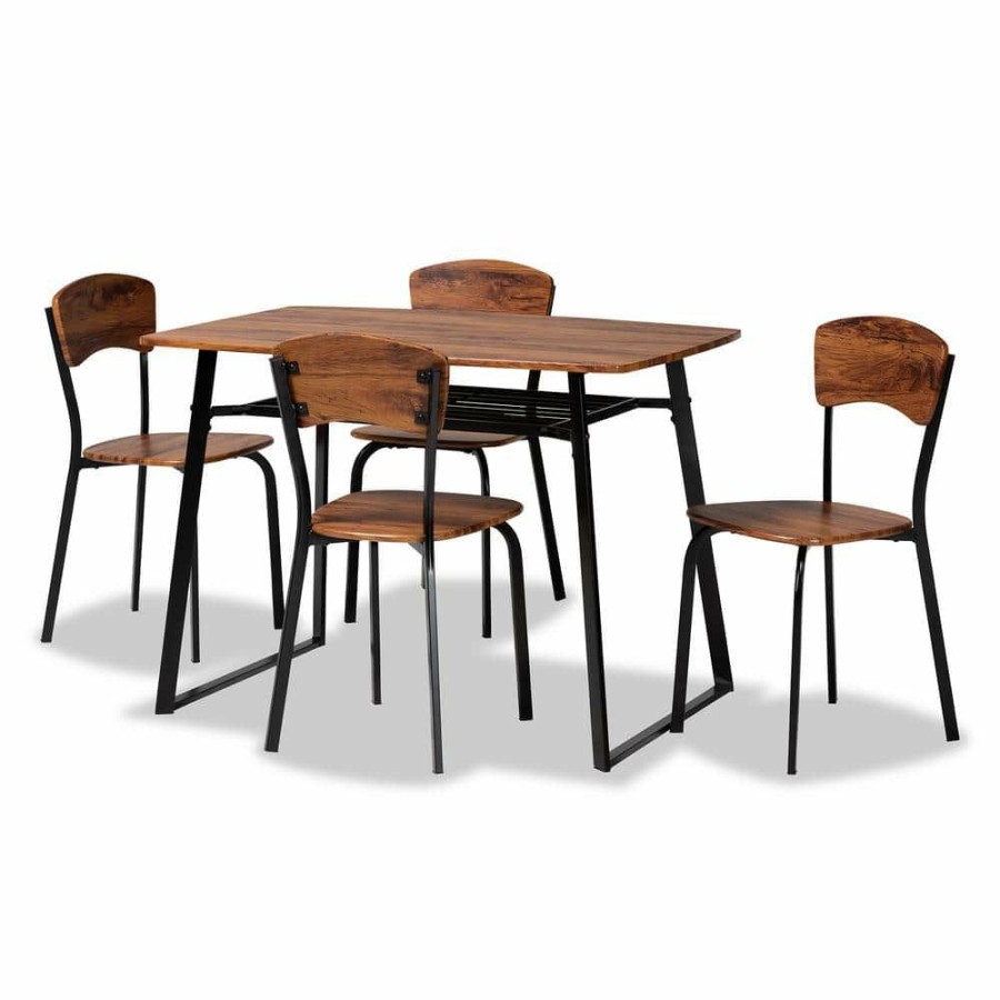 Living Room Furniture * | Elida 5-Piece Wood Top Walnut Brown And Black Dining Set By Baxton Studio