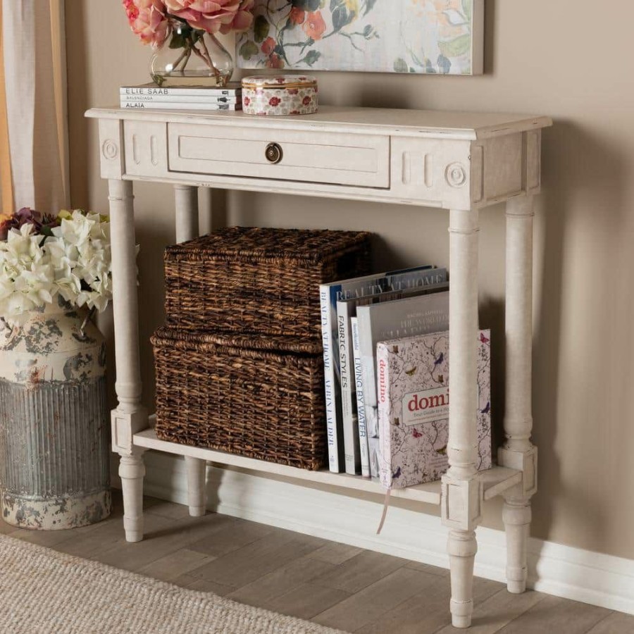 Entryway Furniture * | Ariella 32 In. White Wash Standard Rectangle Wood Console Table With Drawers By Baxton Studio