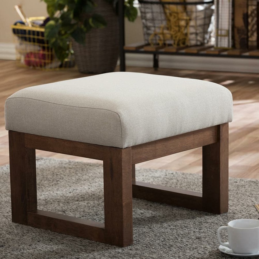 Living Room Furniture * | Yashiya Mid-Century Beige Fabric Upholstered Ottoman By Baxton Studio