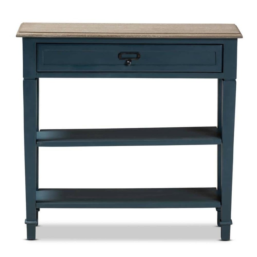 Living Room Furniture * | Dauphine 32 In. Blue/Oak Rectangle Wood Console Table With Drawers By Baxton Studio