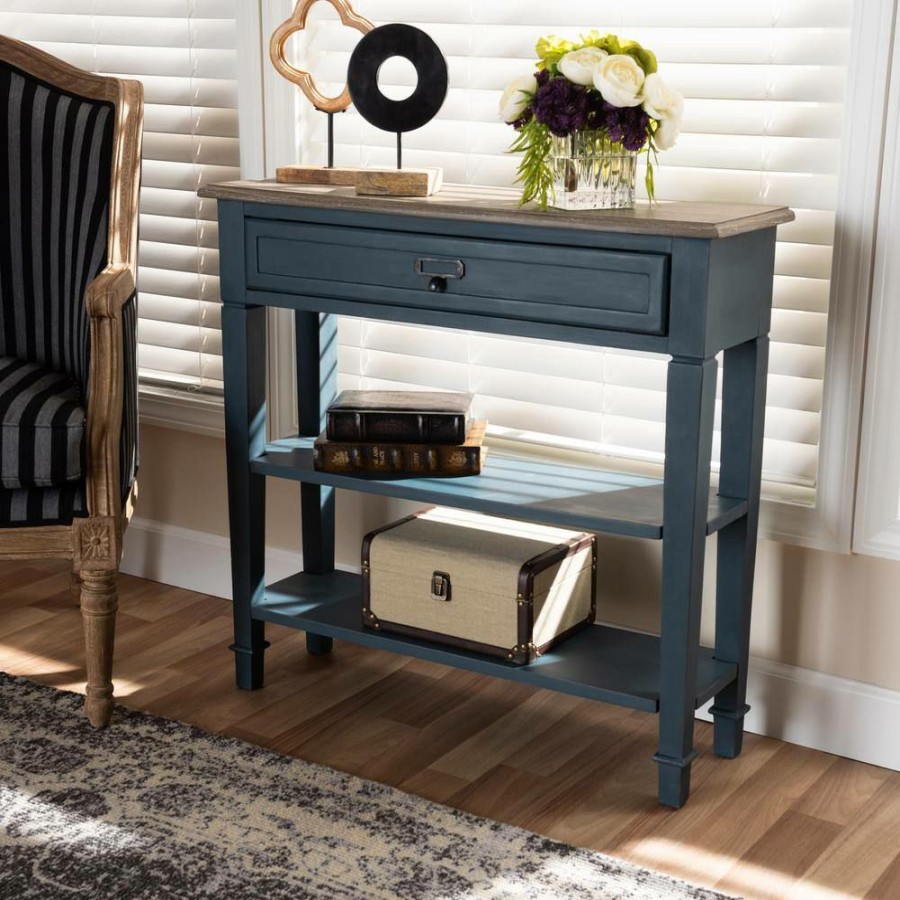 Living Room Furniture * | Dauphine 32 In. Blue/Oak Rectangle Wood Console Table With Drawers By Baxton Studio