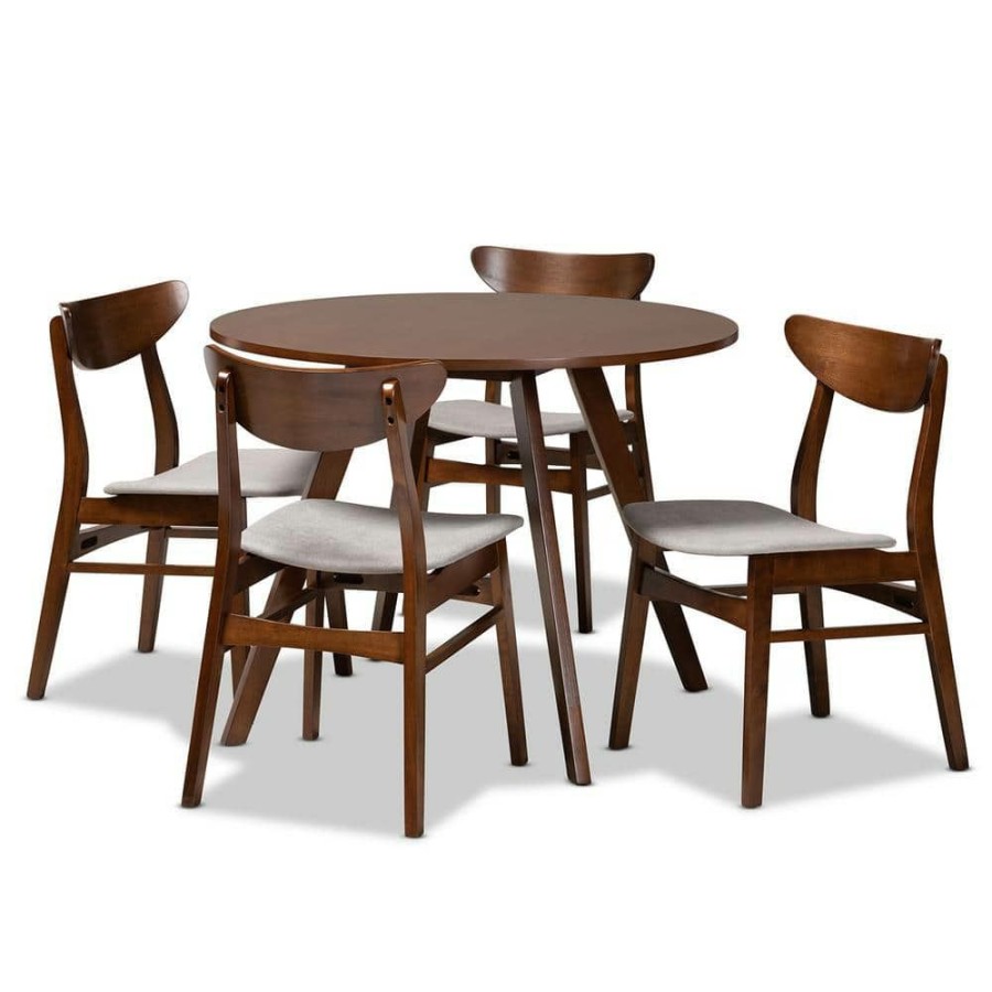 Living Room Furniture * | 5-Piece Philip Light Grey And Walnut Brown Dining Set By Baxton Studio