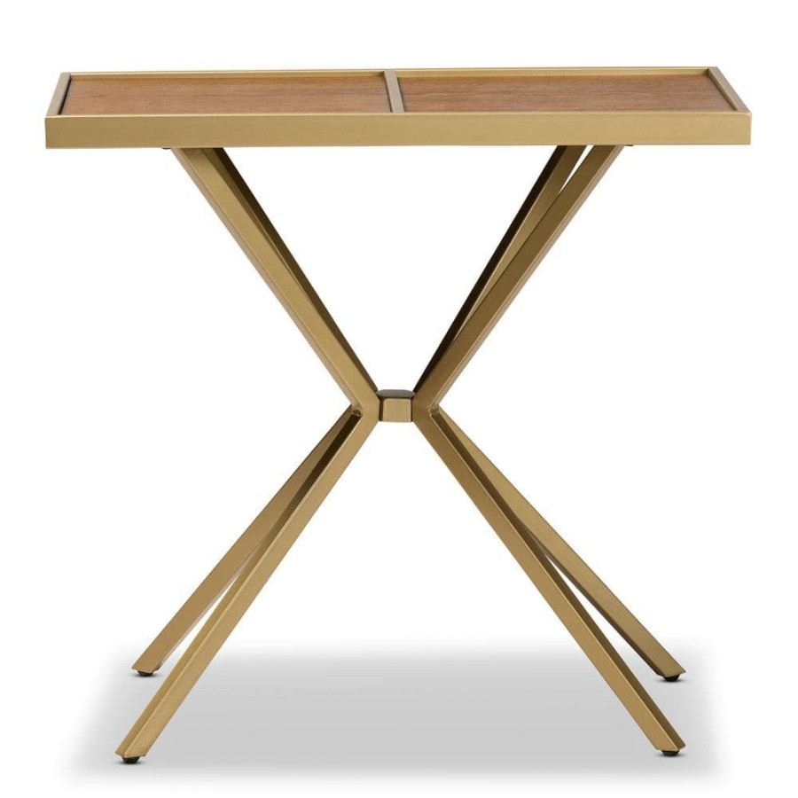 Living Room Furniture * | Carlo 32 In. Walnut/Gold Rectangle Wood Console Table By Baxton Studio