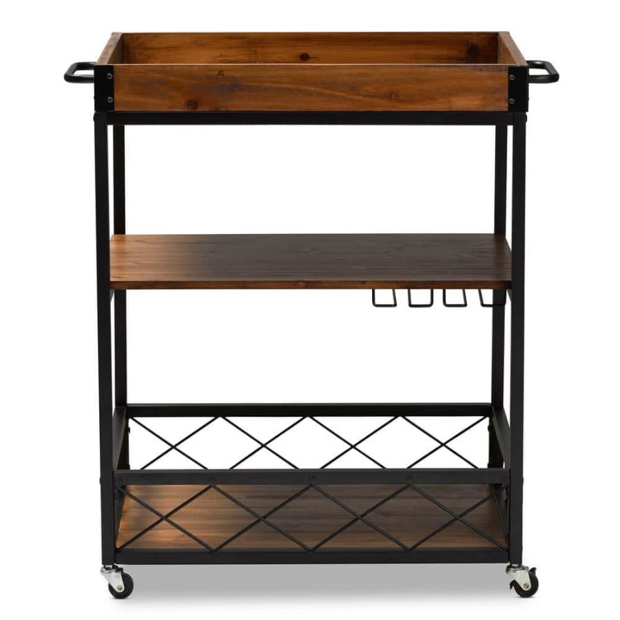 Bar Furniture * | Capri Golden Oak And Black Bar Cart With Rack By Baxton Studio