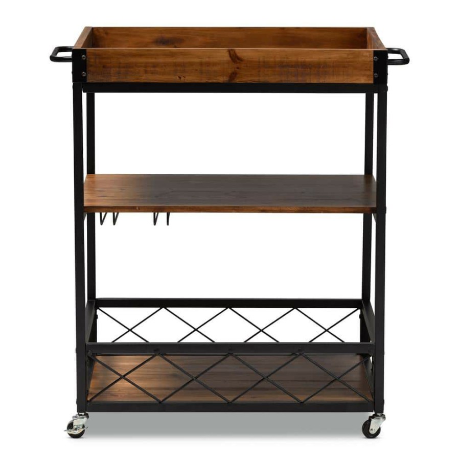 Bar Furniture * | Capri Golden Oak And Black Bar Cart With Rack By Baxton Studio