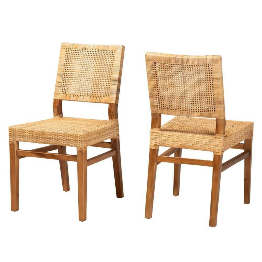 Living Room Furniture * | Lesia Natural Brown And Walnut Brown Dining Chair (Set Of 2) By Baxton Studio