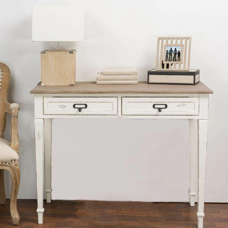 Bar Furniture * | 39.5 In. White/Light Brown Rectangular 2 -Drawer Writing Desk With Distressed Finish By Baxton Studio